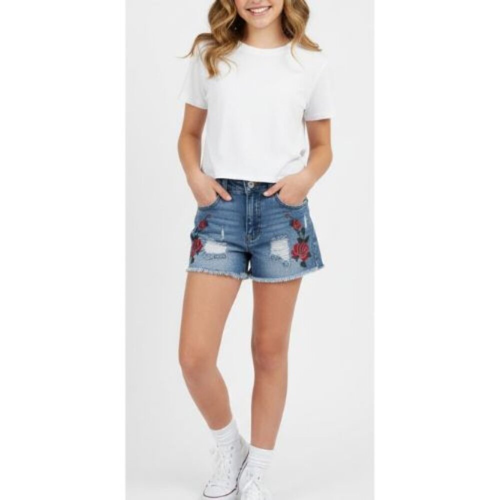 Junior Urban Heritage Denim 1975 Floral Embroidered Distressed Jean Shorts